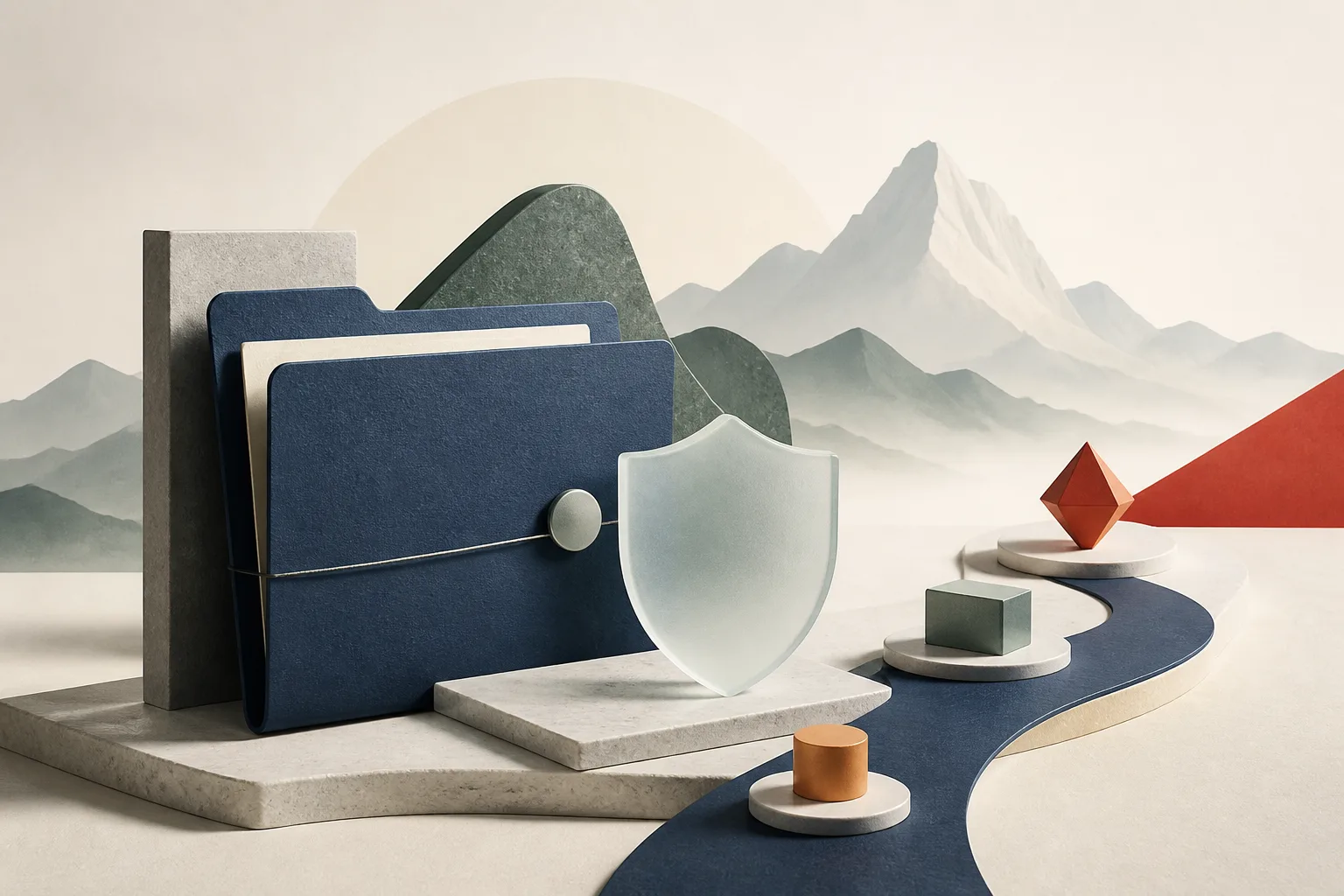 Swiss alpine landscape behind a privacy folder and protection shield