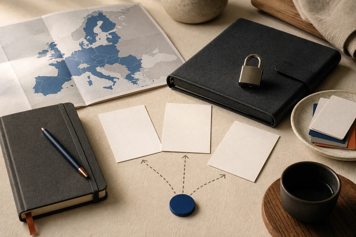 Editorial still life showing a personal-data incident response notebook, secure lock, and response cards; decision view for this page