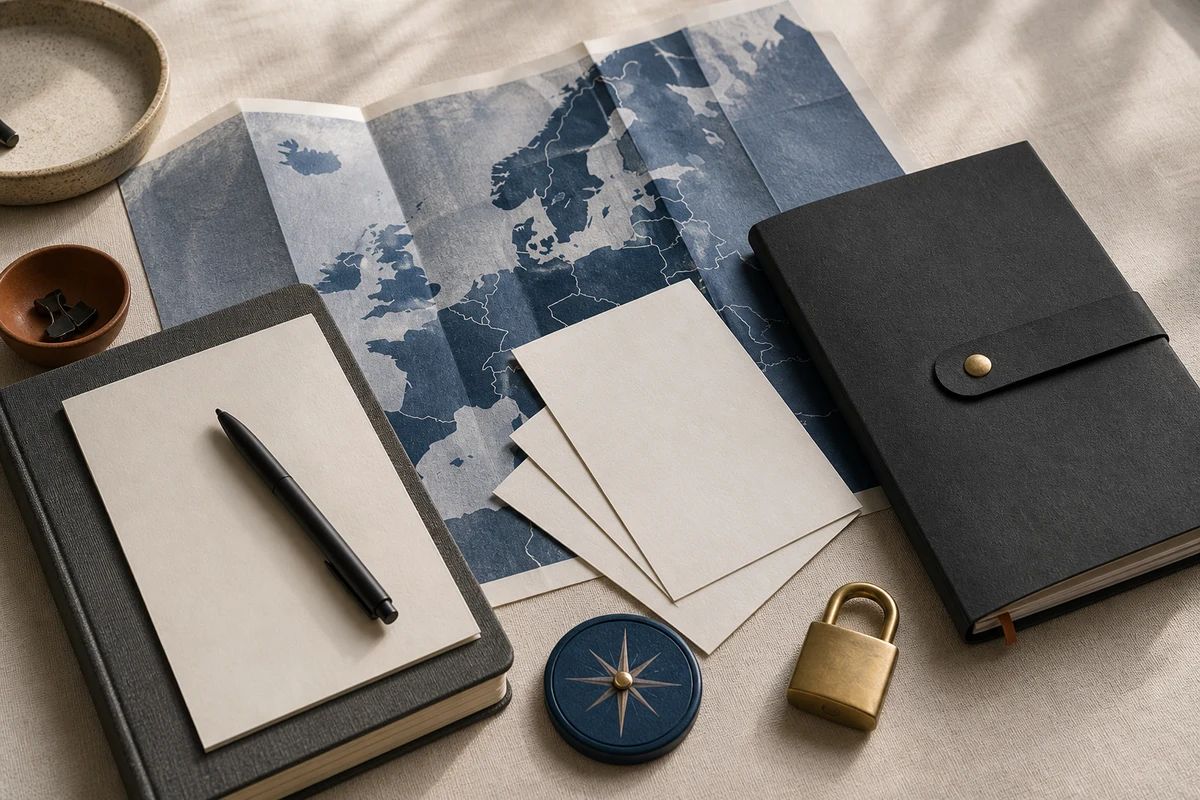 Editorial still life showing a personal-data incident response notebook, secure lock, and response cards; evidence view for this page