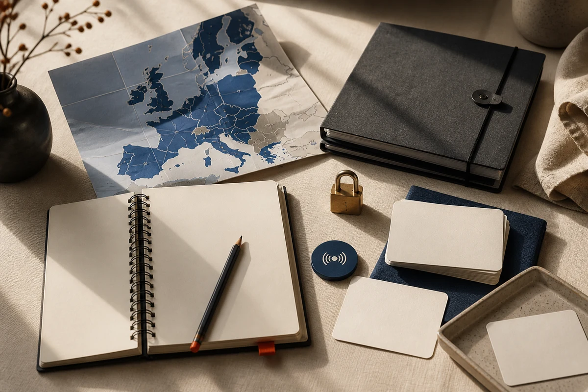 Editorial still life showing a personal-data incident response notebook, secure lock, and response cards; review view for this page