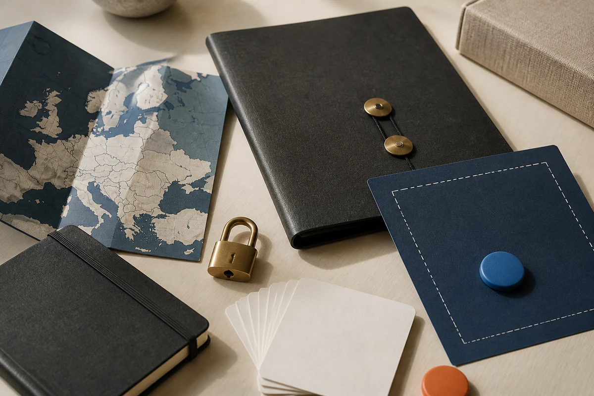 Editorial still life showing a personal-data incident response notebook, secure lock, and response cards; safeguard view for this page