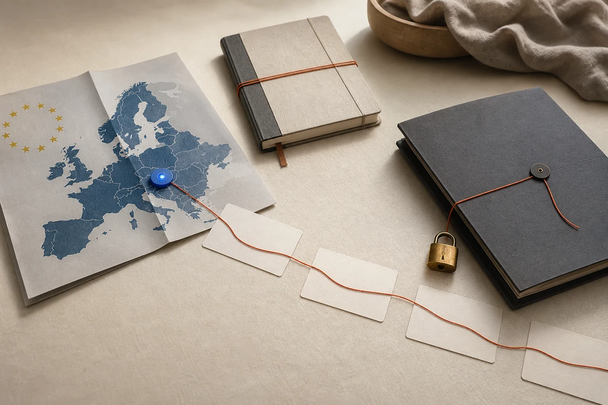 Editorial still life showing a personal-data incident response notebook, secure lock, and response cards; workflow view for this page