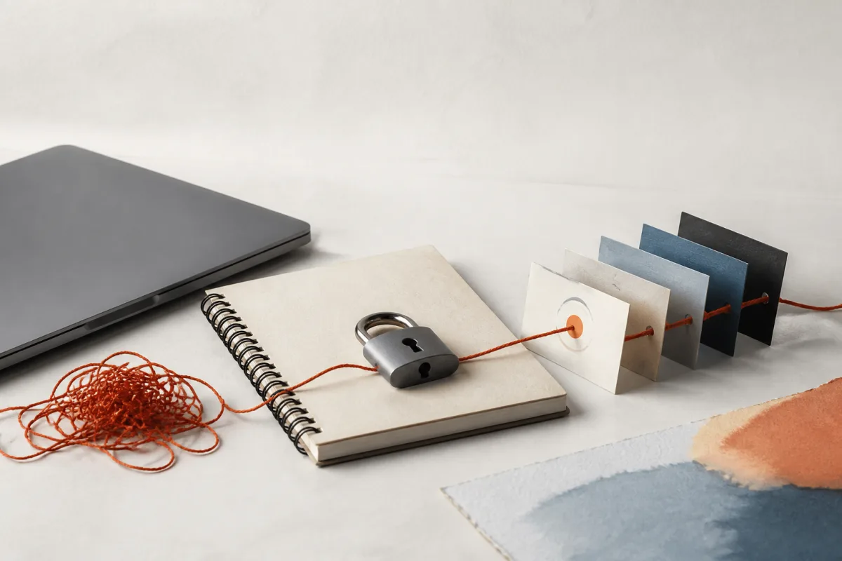 Editorial still life showing a personal-data incident response notebook, secure lock, and response cards