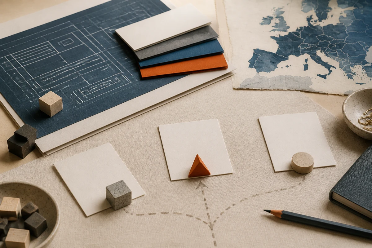 Editorial still life showing a data protection impact assessment with blueprint sheets, risk cards, and a decision marker; decision view for this page