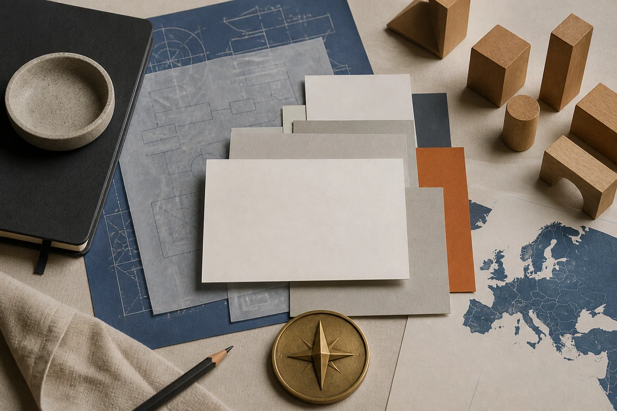 Editorial still life showing a data protection impact assessment with blueprint sheets, risk cards, and a decision marker; evidence view for this page