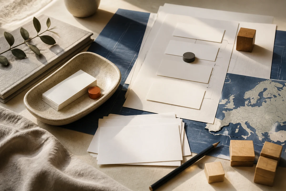 Editorial still life showing a data protection impact assessment with blueprint sheets, risk cards, and a decision marker; review view for this page