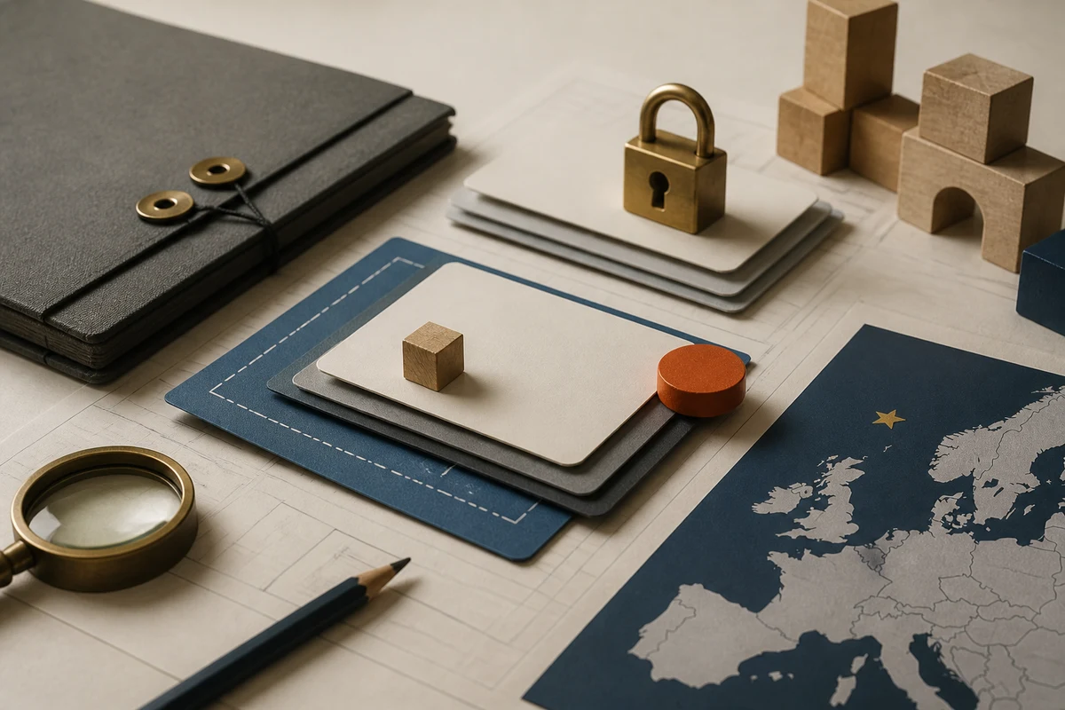 Editorial still life showing a data protection impact assessment with blueprint sheets, risk cards, and a decision marker; safeguard view for this page