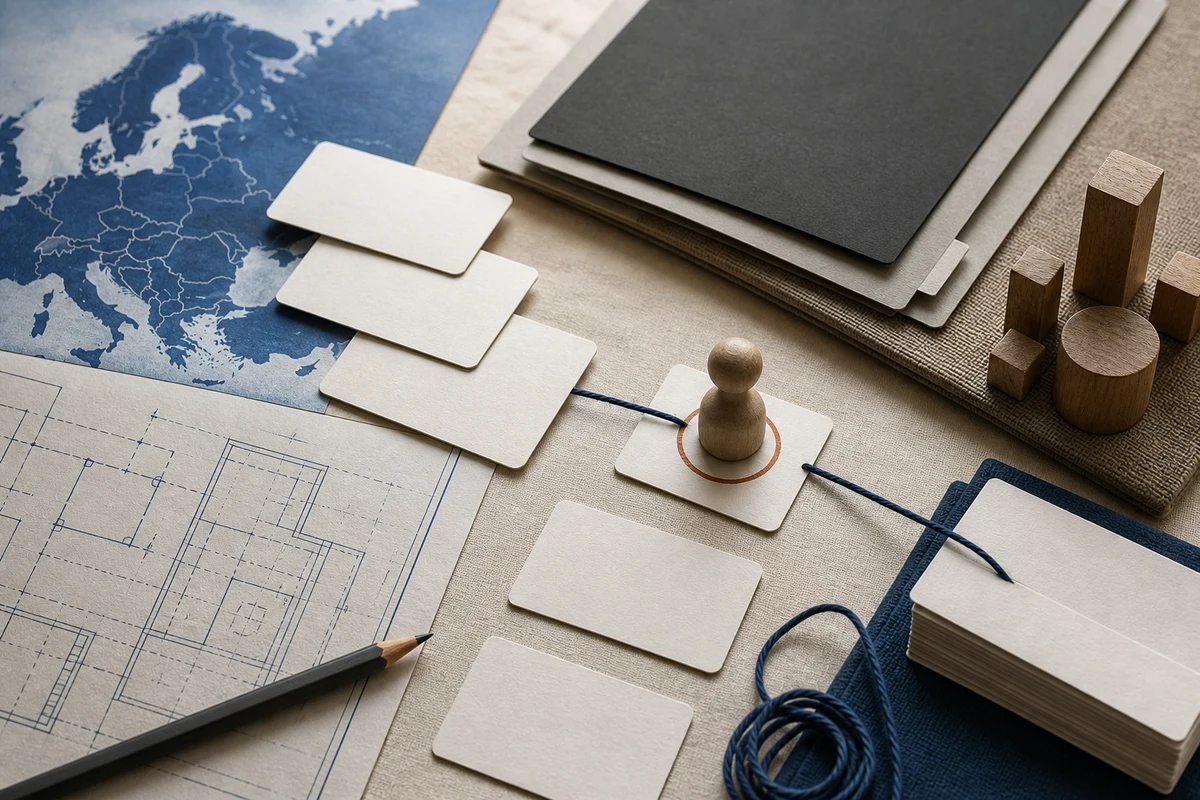 Editorial still life showing a data protection impact assessment with blueprint sheets, risk cards, and a decision marker; workflow view for this page