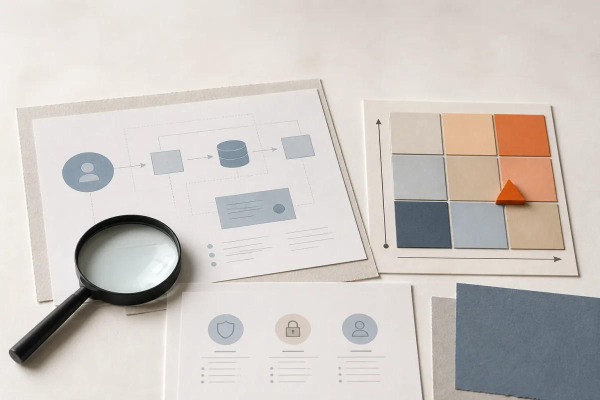 Editorial still life showing a data protection impact assessment with blueprint sheets, risk cards, and a decision marker