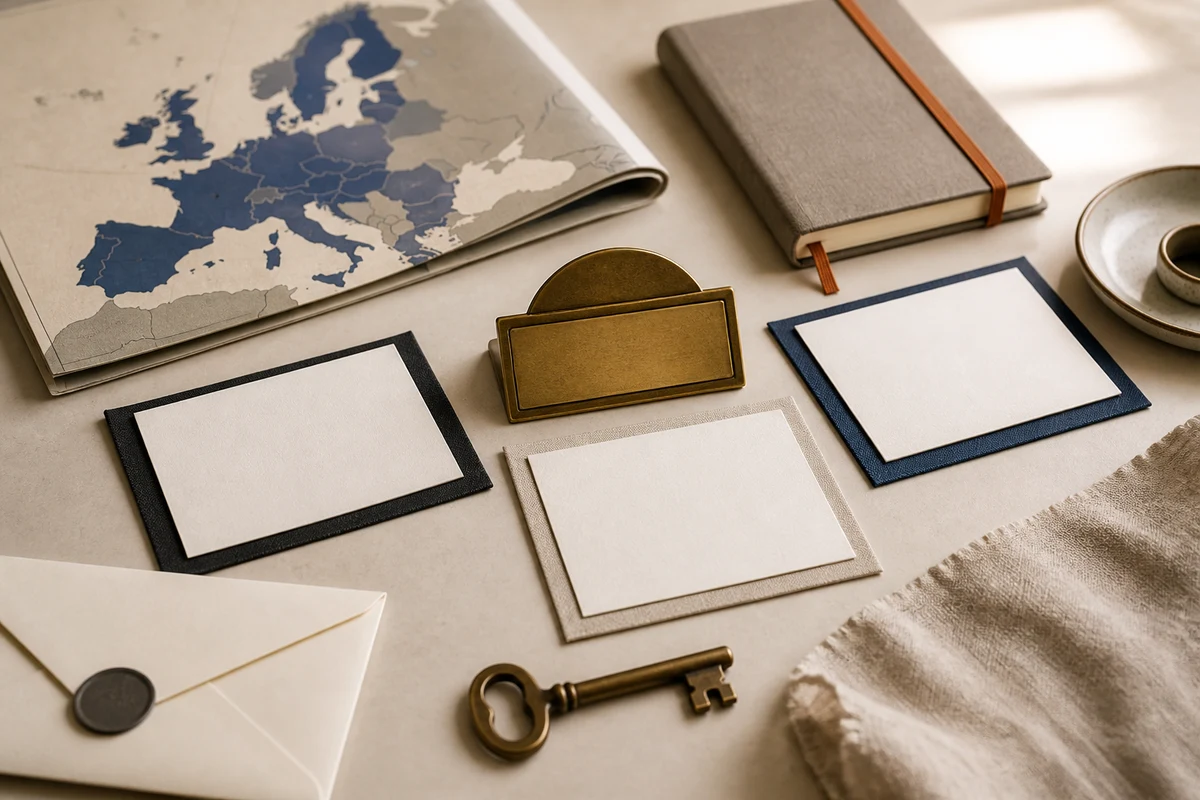 Editorial still life showing an EU Article 27 representative contact point with a paper map, correspondence folder, and key; decision view for this page