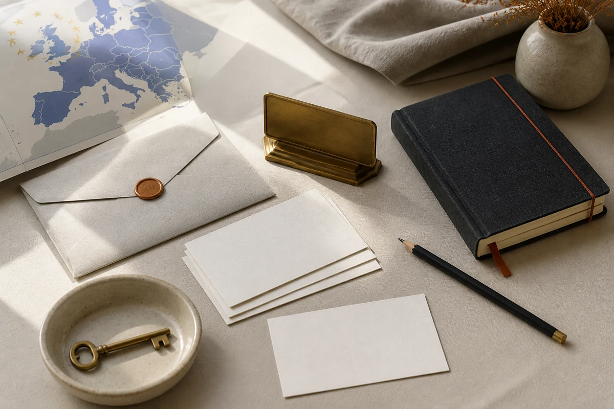 Editorial still life showing an EU Article 27 representative contact point with a paper map, correspondence folder, and key; review view for this page