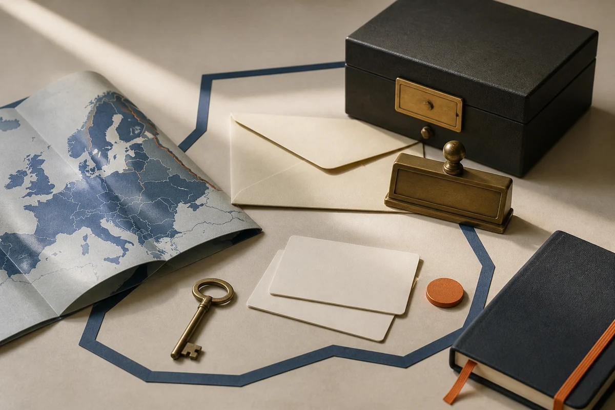 Editorial still life showing an EU Article 27 representative contact point with a paper map, correspondence folder, and key; safeguard view for this page