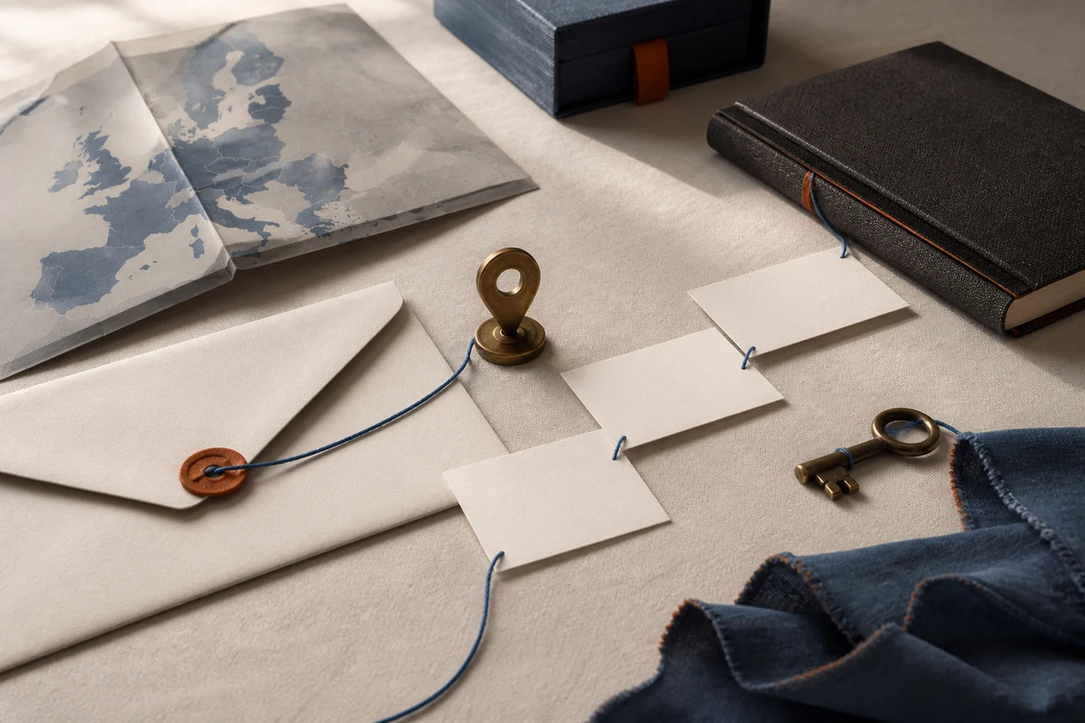 Editorial still life showing an EU Article 27 representative contact point with a paper map, correspondence folder, and key; workflow view for this page
