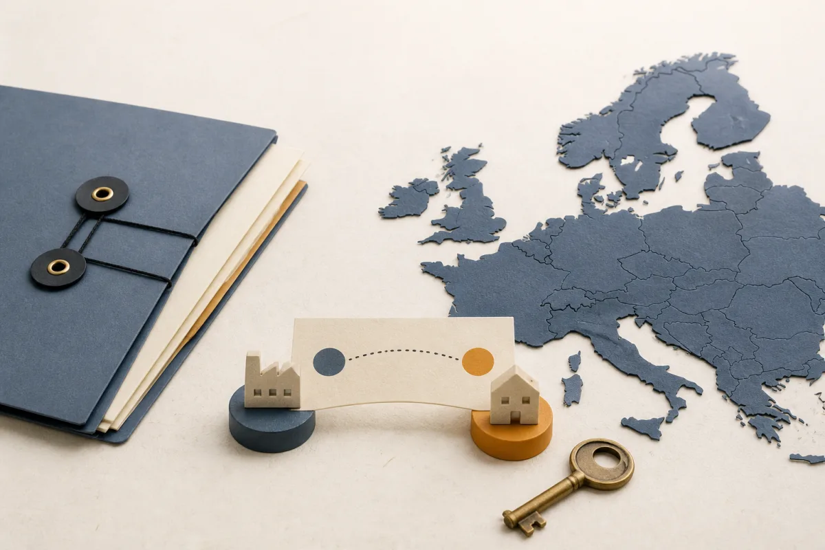 Editorial still life showing an EU Article 27 representative contact point with a paper map, correspondence folder, and key