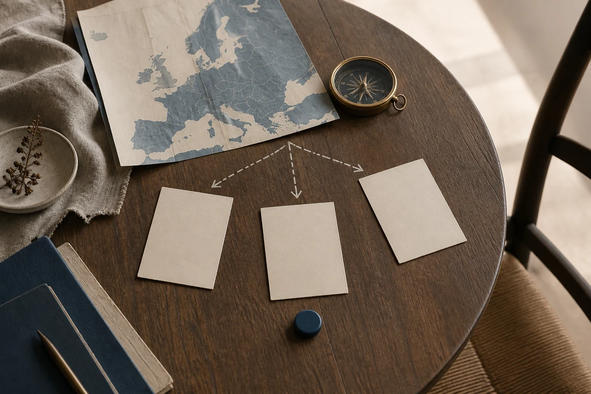 Editorial still life showing an EU privacy readiness review with a paper map, notebook, assessment cards, and magnifying glass; decision view for this page