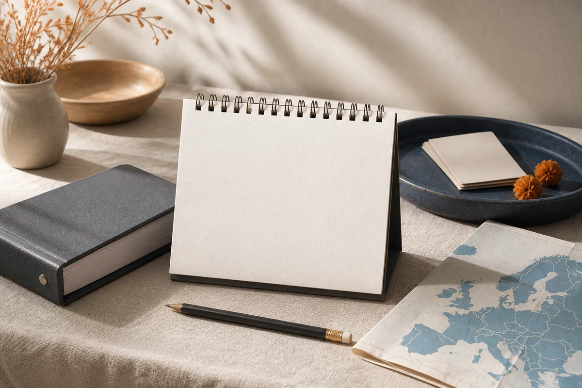 Editorial still life showing an EU privacy readiness review with a paper map, notebook, assessment cards, and magnifying glass; review view for this page