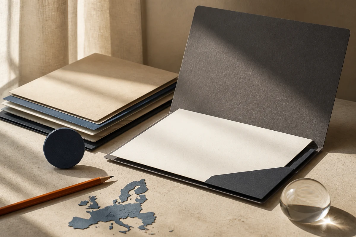 Editorial still life showing an EU privacy readiness review with a paper map, notebook, assessment cards, and magnifying glass; safeguard view for this page