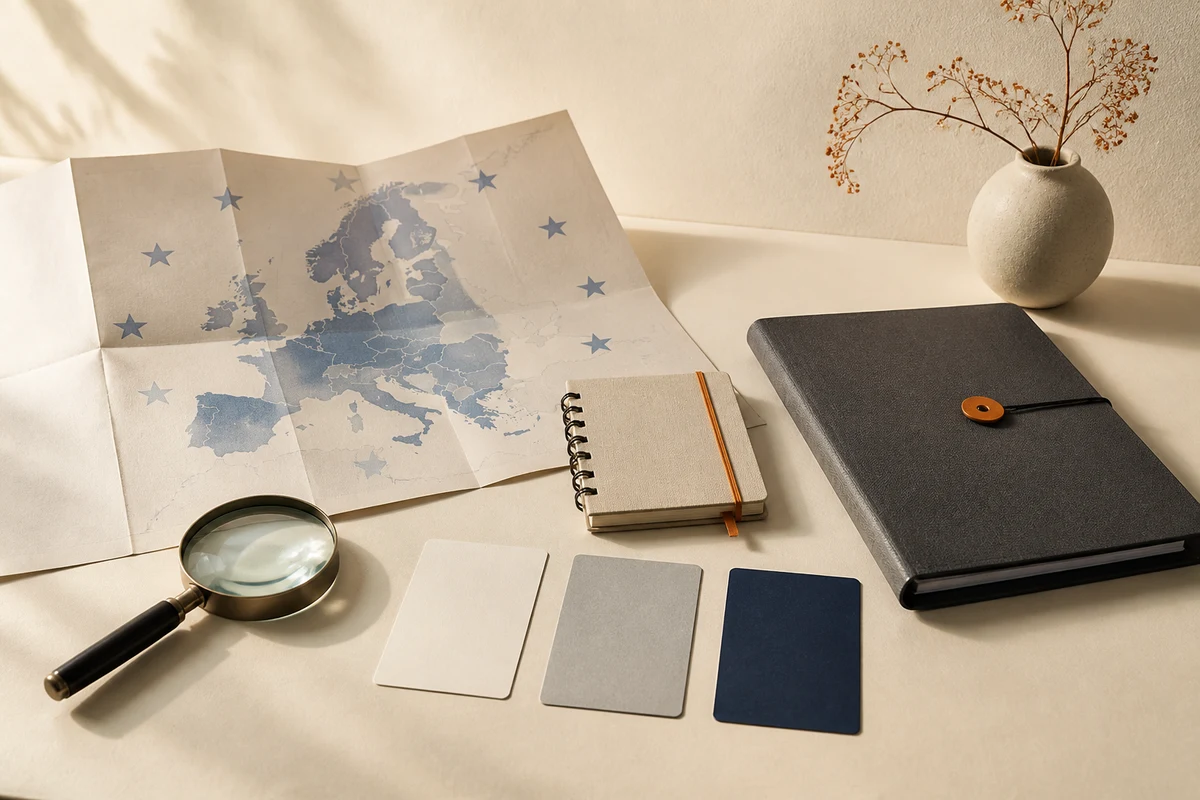 Editorial still life showing an EU privacy readiness review with a paper map, notebook, assessment cards, and magnifying glass; workflow view for this page