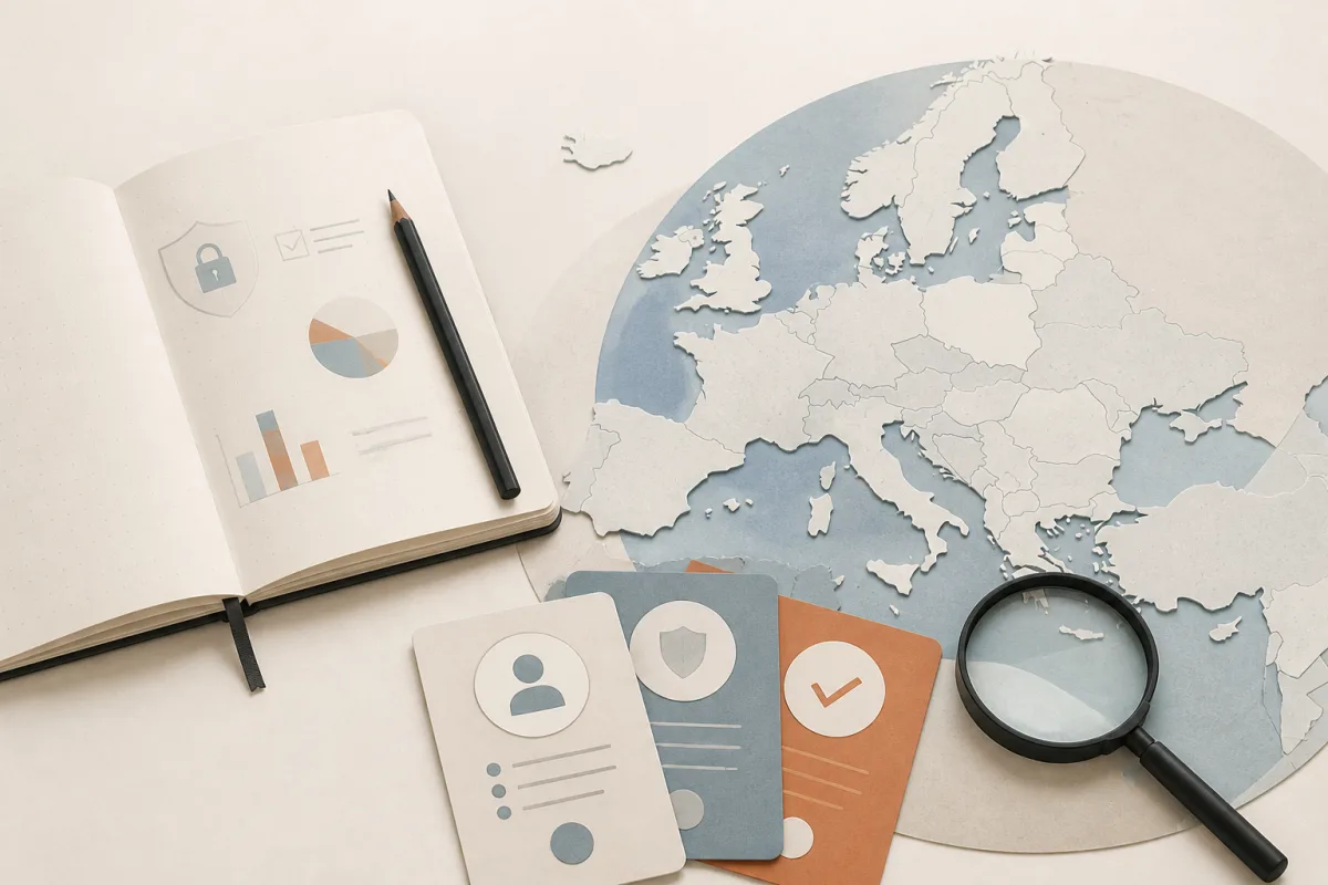 Editorial still life showing an EU privacy readiness review with a paper map, notebook, assessment cards, and magnifying glass