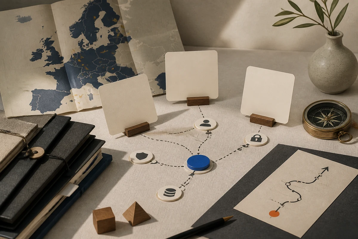 Editorial still life showing an EU GDPR compliance programme with policy folders, map cutout, and connected responsibility cards; decision view for this page