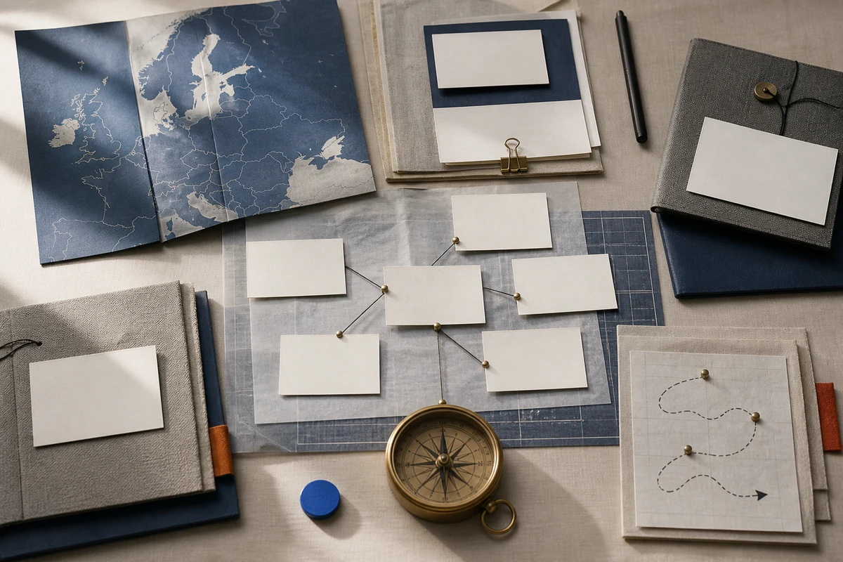 Editorial still life showing an EU GDPR compliance programme with policy folders, map cutout, and connected responsibility cards; evidence view for this page