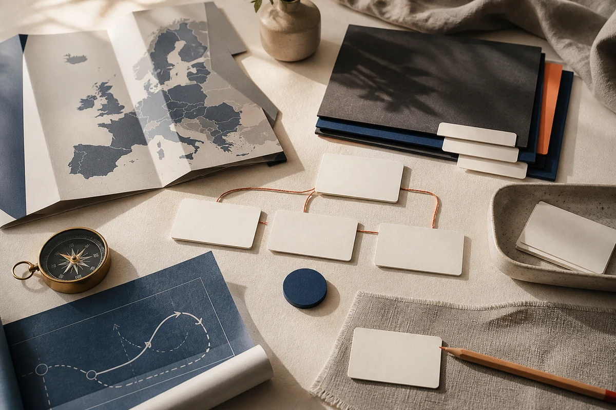 Editorial still life showing an EU GDPR compliance programme with policy folders, map cutout, and connected responsibility cards; review view for this page