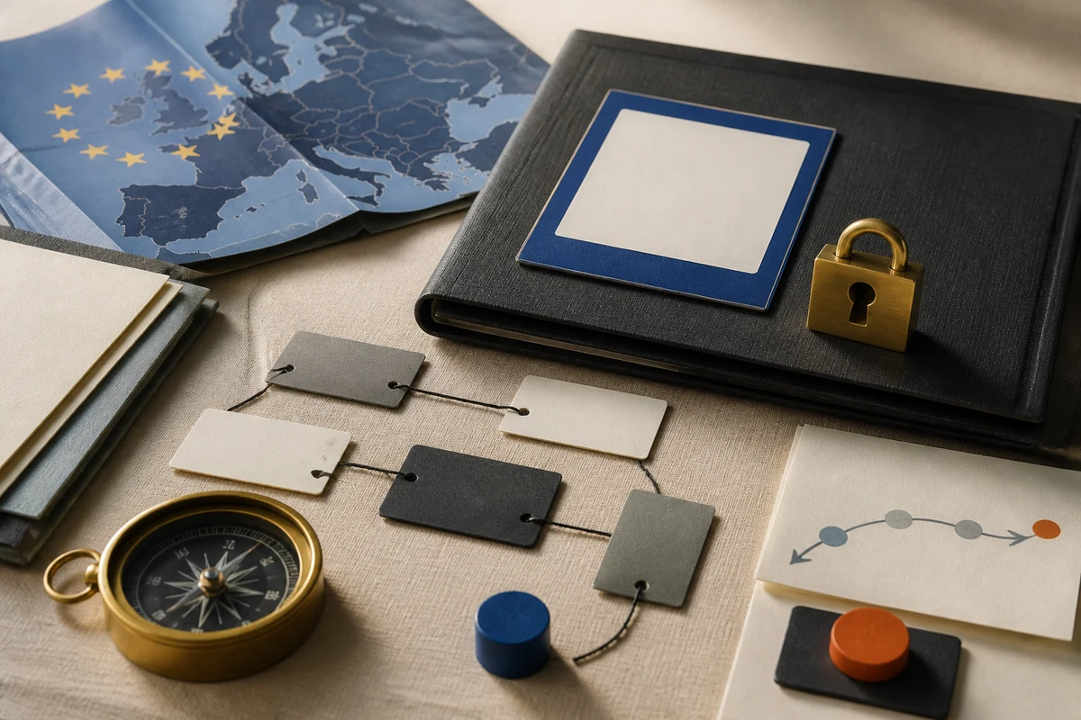 Editorial still life showing an EU GDPR compliance programme with policy folders, map cutout, and connected responsibility cards; safeguard view for this page