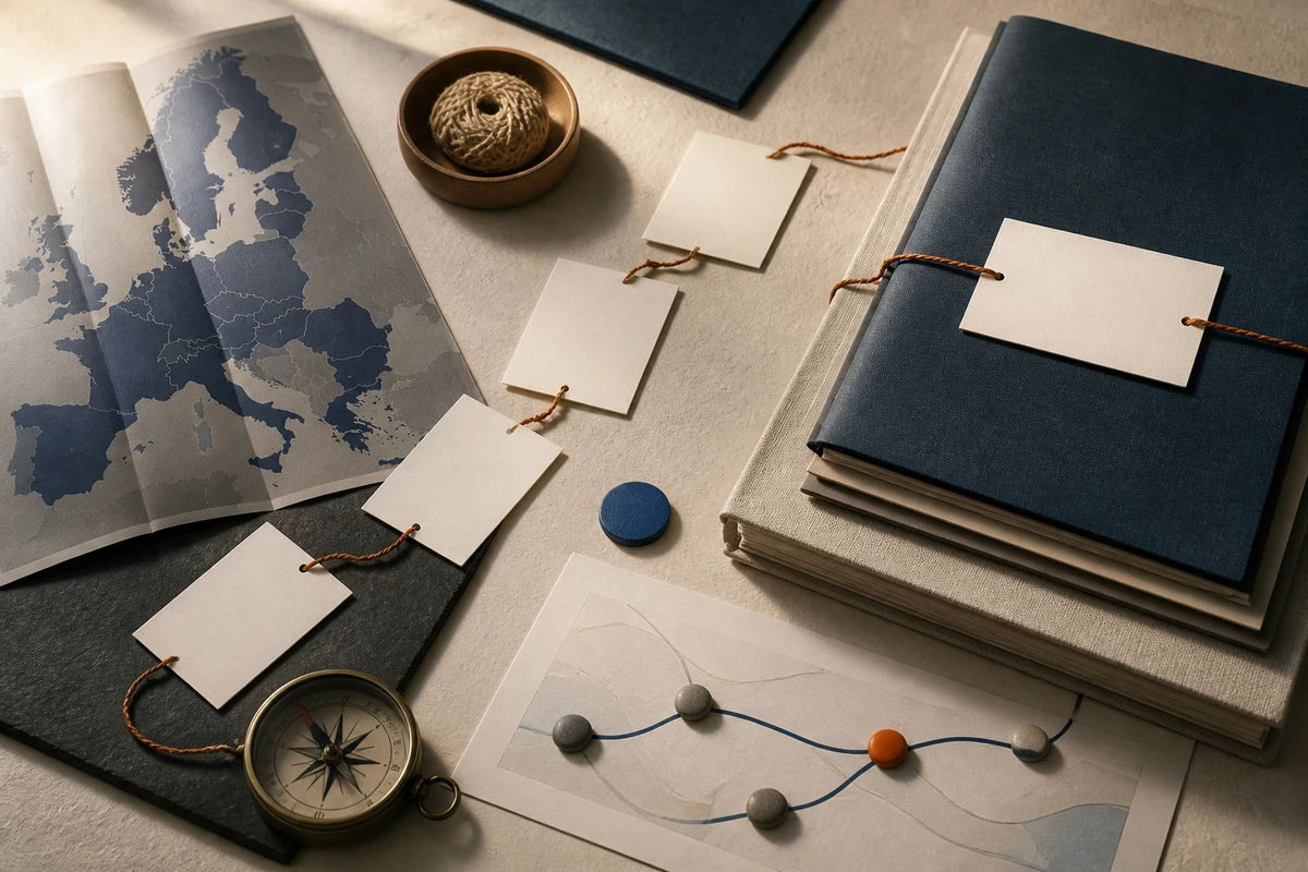 Editorial still life showing an EU GDPR compliance programme with policy folders, map cutout, and connected responsibility cards; workflow view for this page