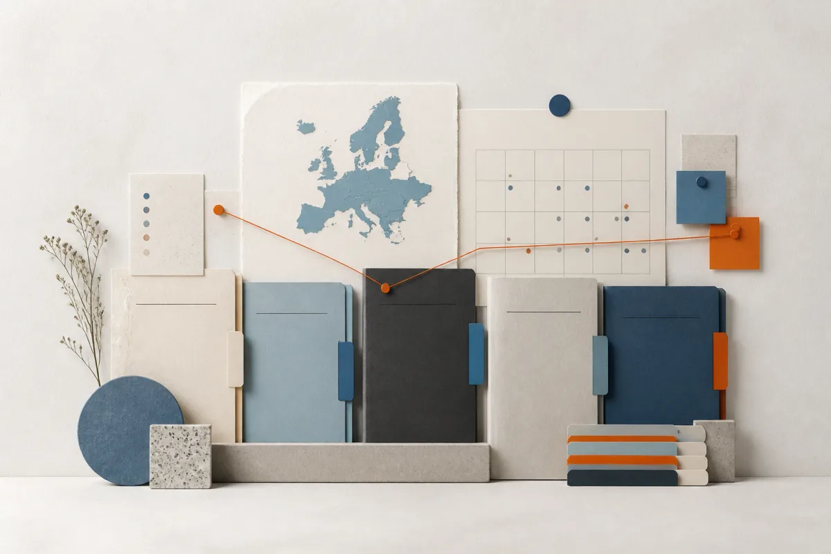 Editorial still life showing an EU GDPR compliance programme with policy folders, map cutout, and connected responsibility cards