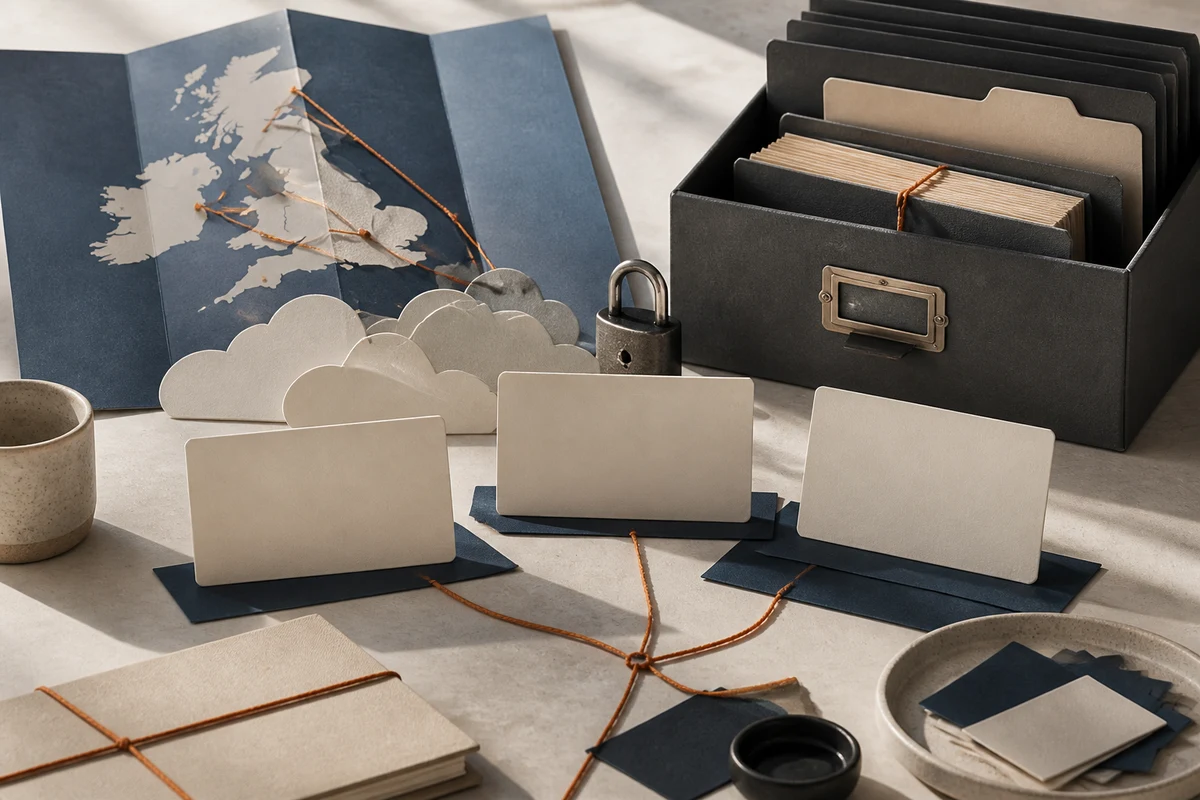 Editorial still life showing a UK international transfer assessment with an abstract UK map, cloud forms, and contract folders; decision view for this page