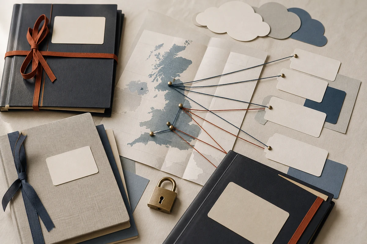 Editorial still life showing a UK international transfer assessment with an abstract UK map, cloud forms, and contract folders; evidence view for this page