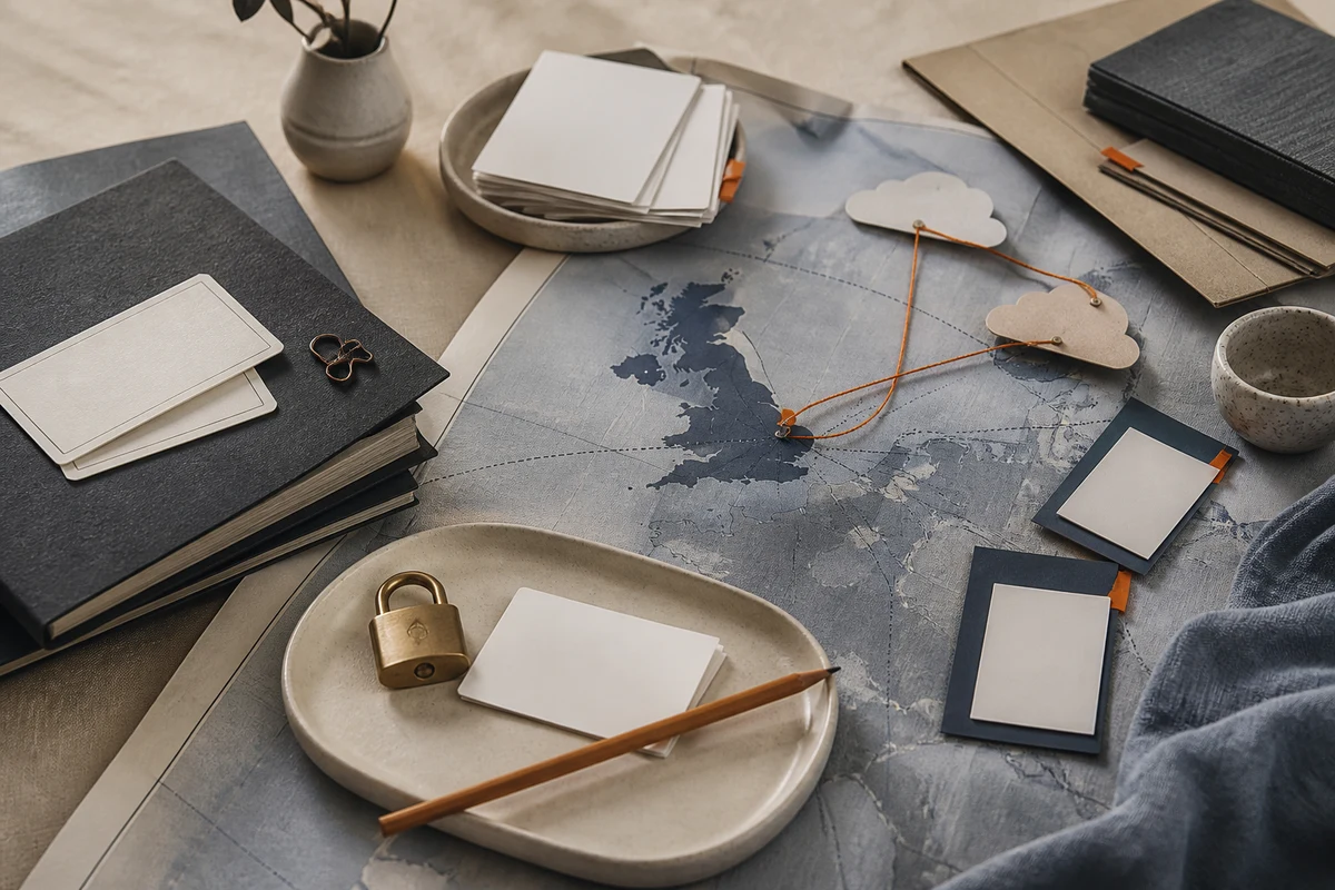 Editorial still life showing a UK international transfer assessment with an abstract UK map, cloud forms, and contract folders; review view for this page