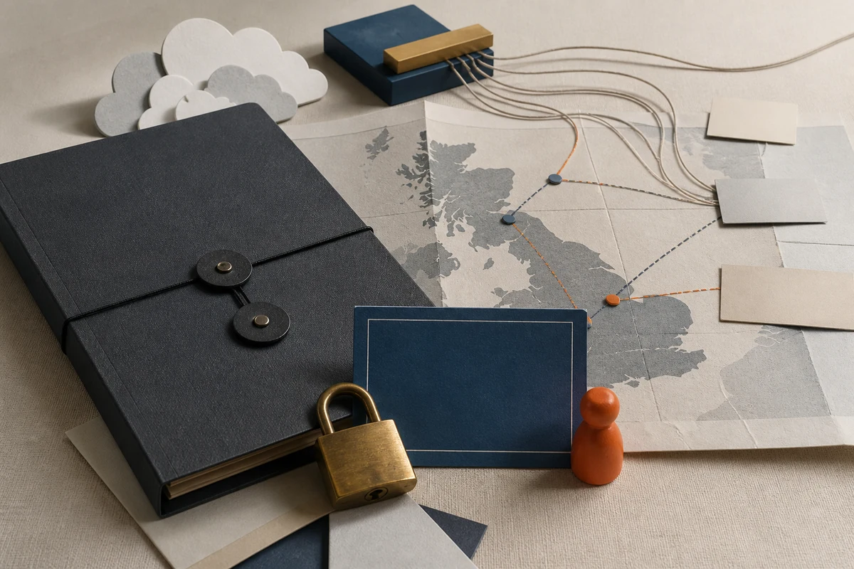Editorial still life showing a UK international transfer assessment with an abstract UK map, cloud forms, and contract folders; safeguard view for this page