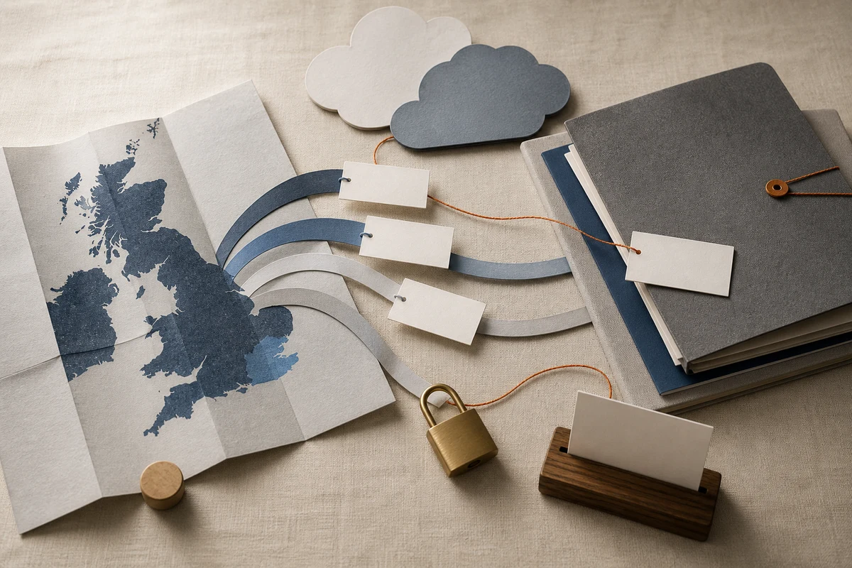 Editorial still life showing a UK international transfer assessment with an abstract UK map, cloud forms, and contract folders; workflow view for this page