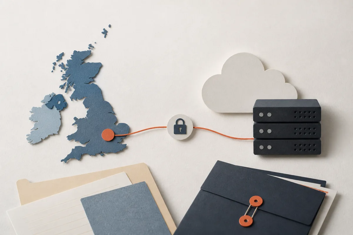 Editorial still life showing a UK international transfer assessment with an abstract UK map, cloud forms, and contract folders