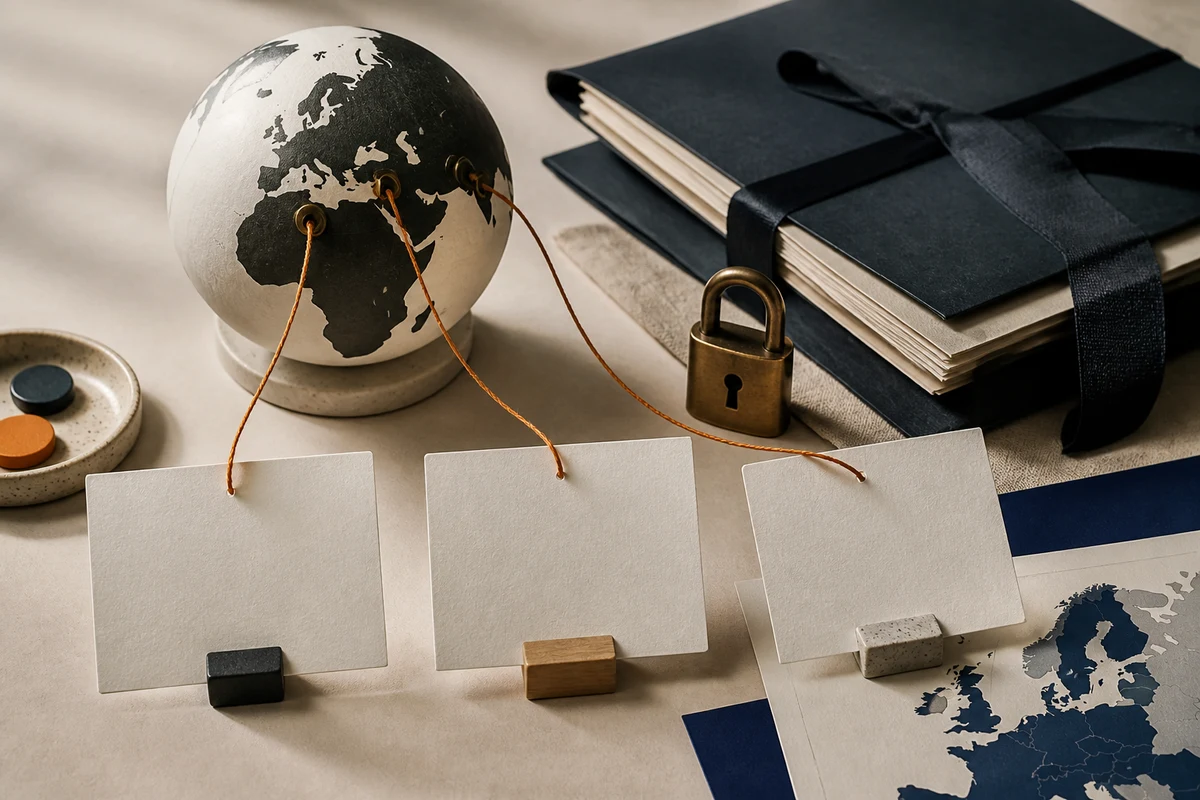 Editorial still life showing international data transfer routes across a paper globe with contracts and a lock; decision view for this page