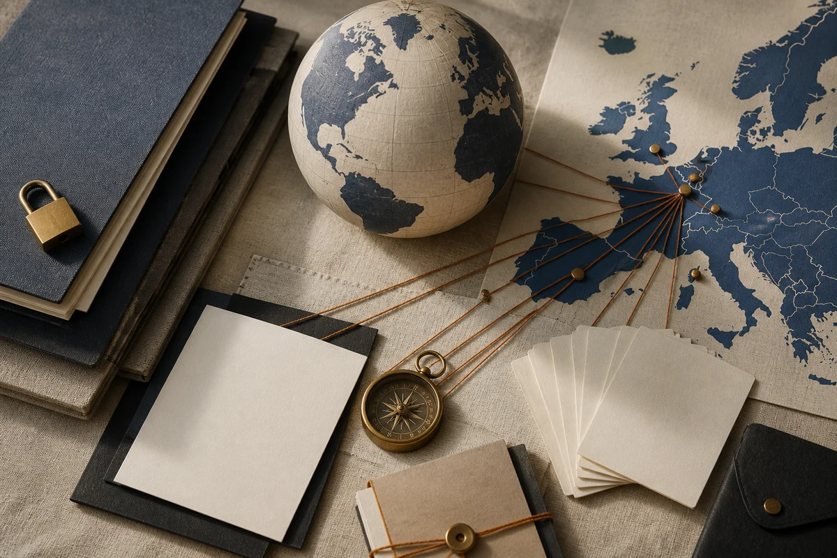 Editorial still life showing international data transfer routes across a paper globe with contracts and a lock; evidence view for this page