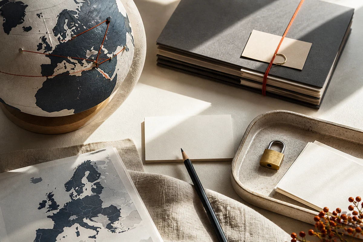 Editorial still life showing international data transfer routes across a paper globe with contracts and a lock; review view for this page