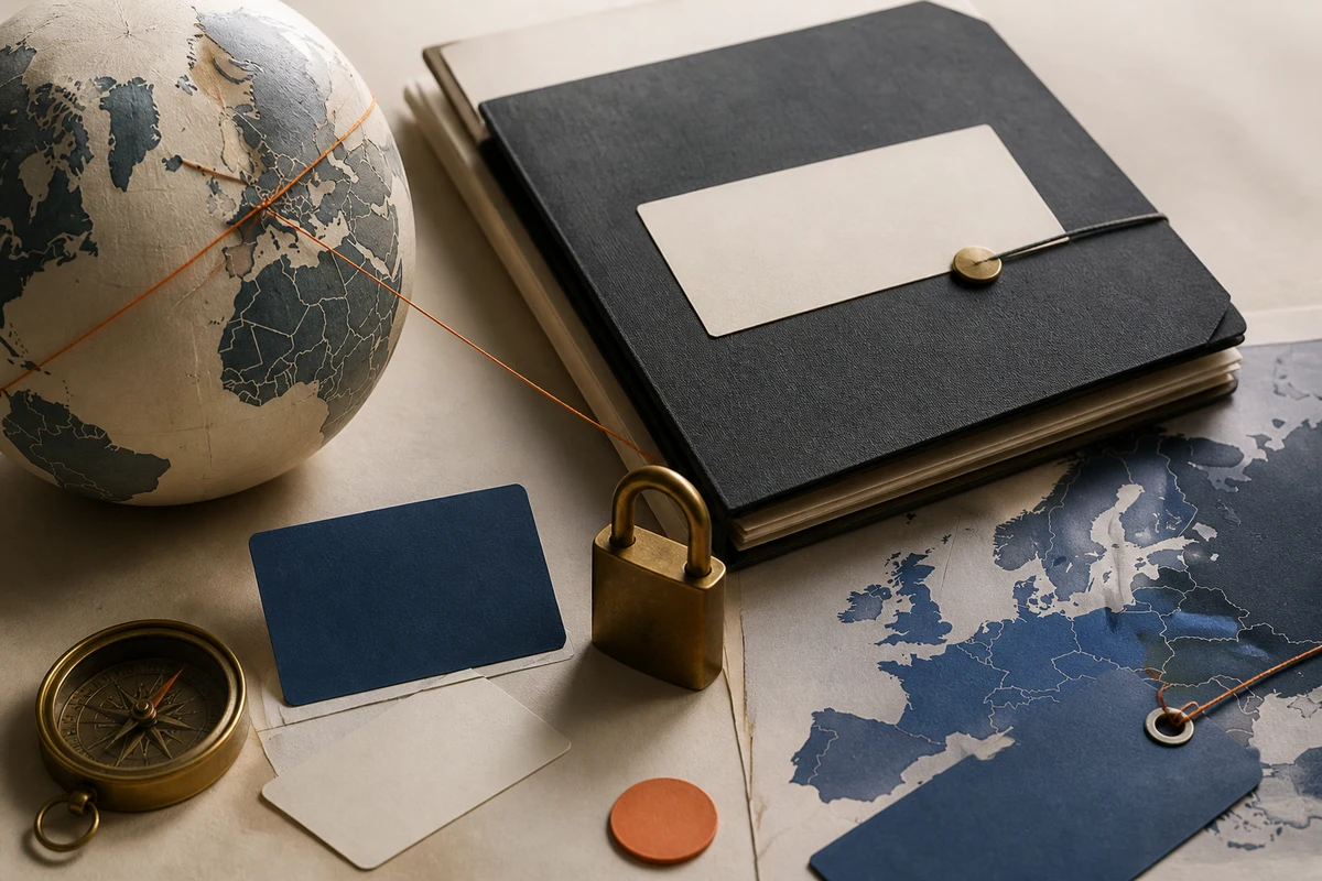 Editorial still life showing international data transfer routes across a paper globe with contracts and a lock; safeguard view for this page