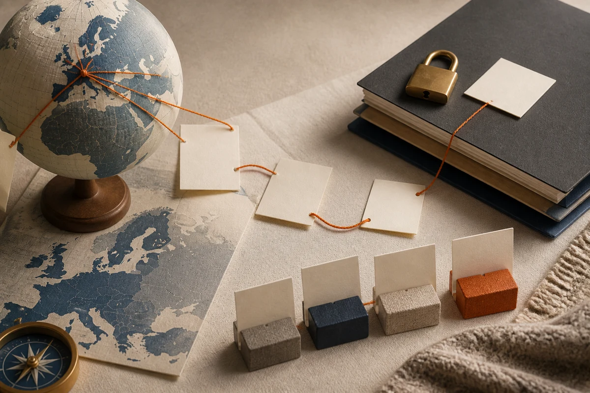 Editorial still life showing international data transfer routes across a paper globe with contracts and a lock; workflow view for this page