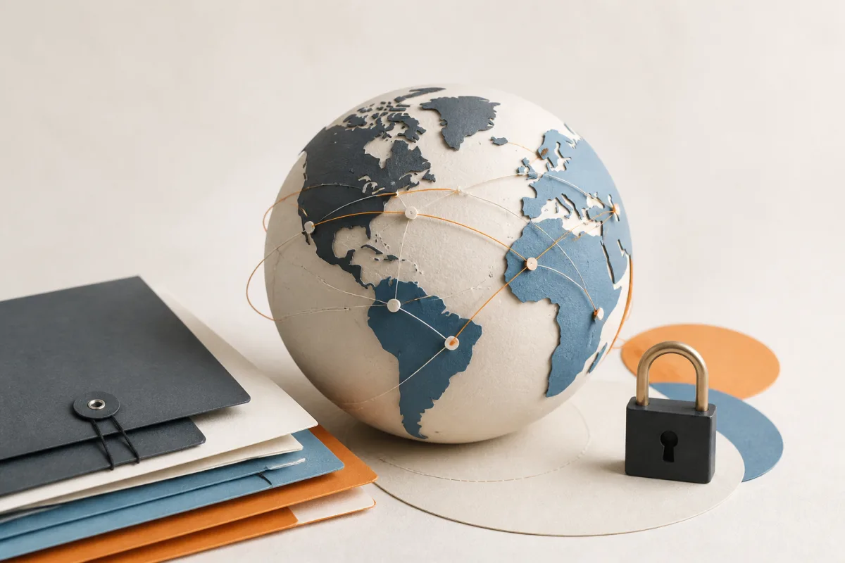 Editorial still life showing international data transfer routes across a paper globe with contracts and a lock
