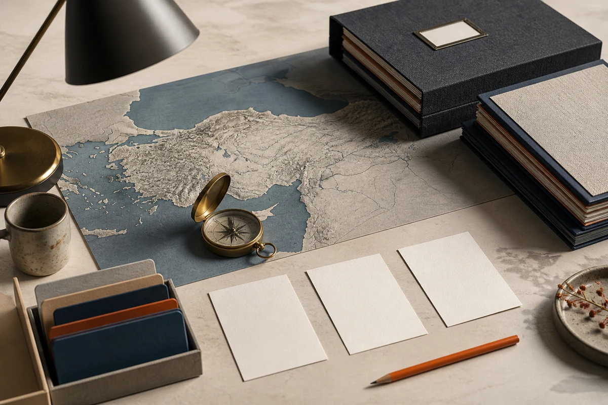 Editorial still life showing Turkish compliance advisory work with policy folders, inventory cards, and an orange review tab; decision view for this page