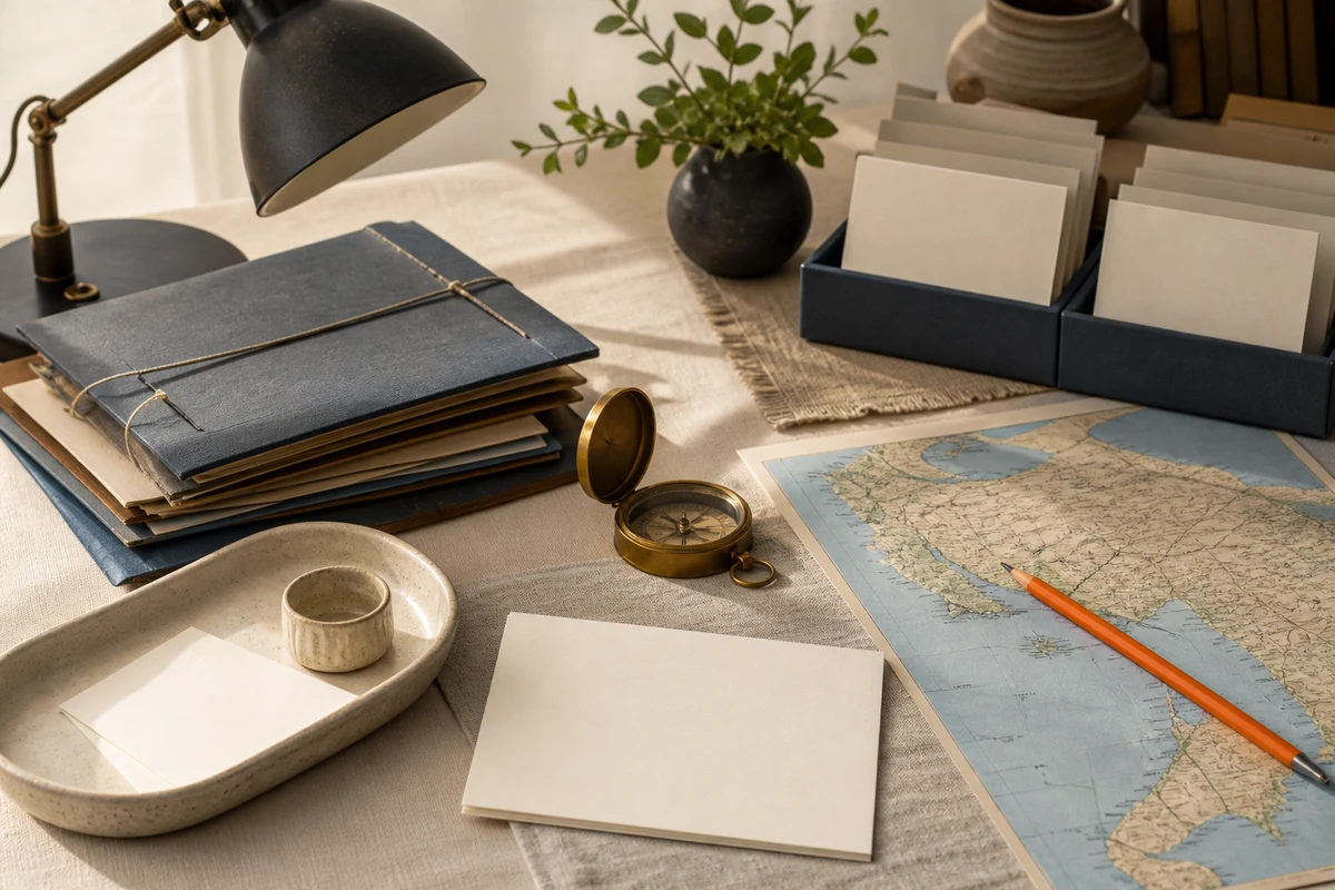 Editorial still life showing Turkish compliance advisory work with policy folders, inventory cards, and an orange review tab; review view for this page