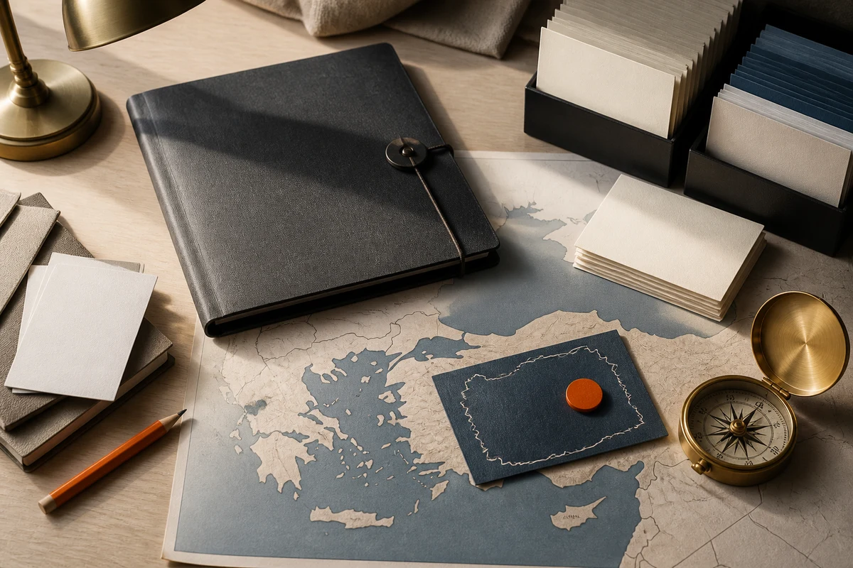 Editorial still life showing Turkish compliance advisory work with policy folders, inventory cards, and an orange review tab; safeguard view for this page