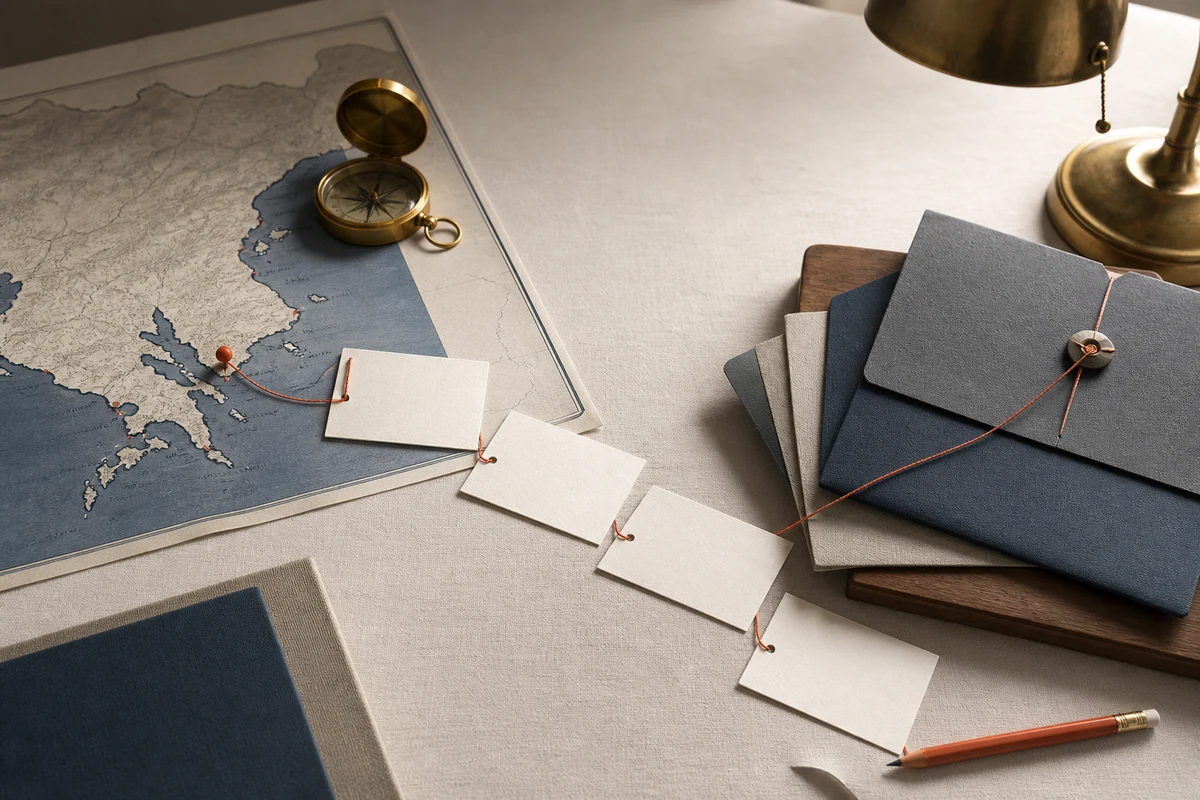 Editorial still life showing Turkish compliance advisory work with policy folders, inventory cards, and an orange review tab; workflow view for this page