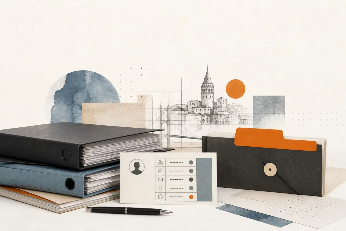 Editorial still life showing Turkish compliance advisory work with policy folders, inventory cards, and an orange review tab