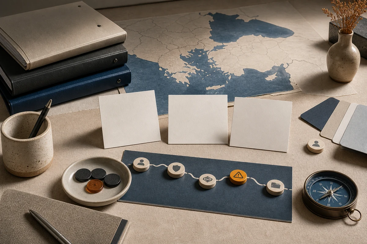 Editorial still life showing a Turkish KVKK compliance programme with shoreline contours, folders, inventory cards, and roadmap tabs; decision view for this page