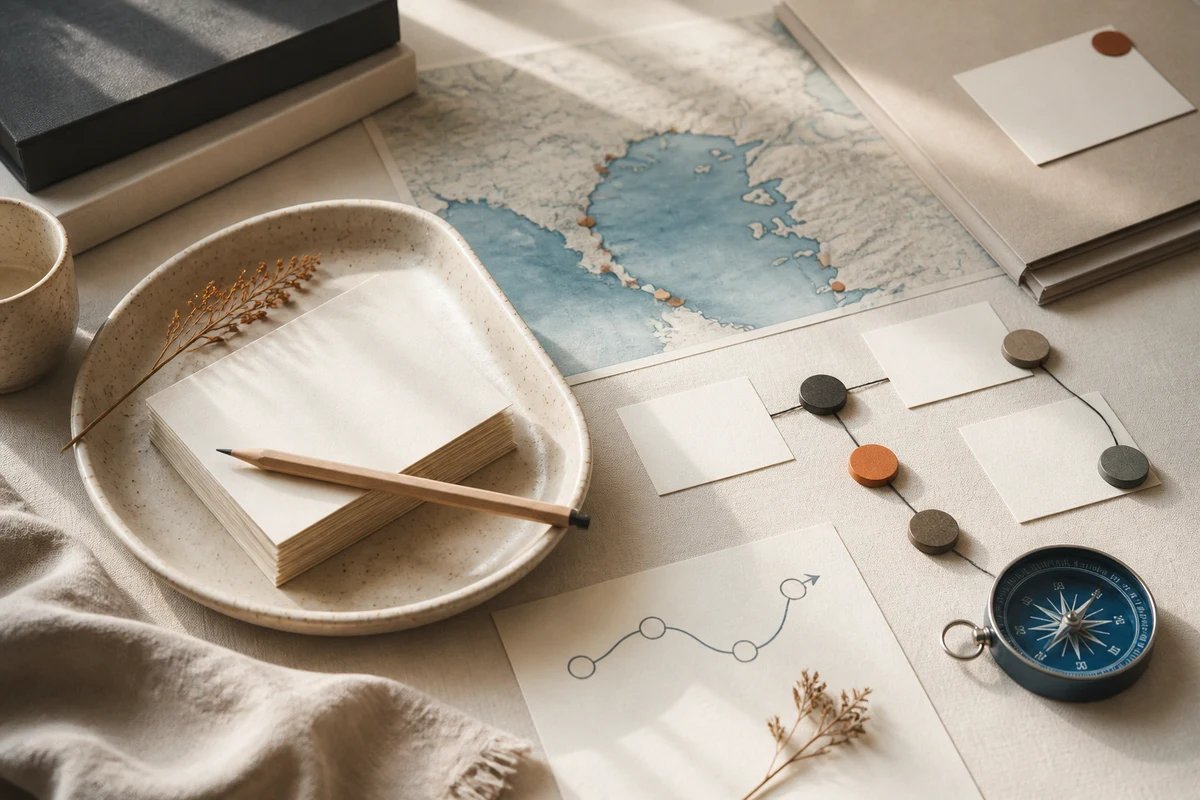 Editorial still life showing a Turkish KVKK compliance programme with shoreline contours, folders, inventory cards, and roadmap tabs; review view for this page