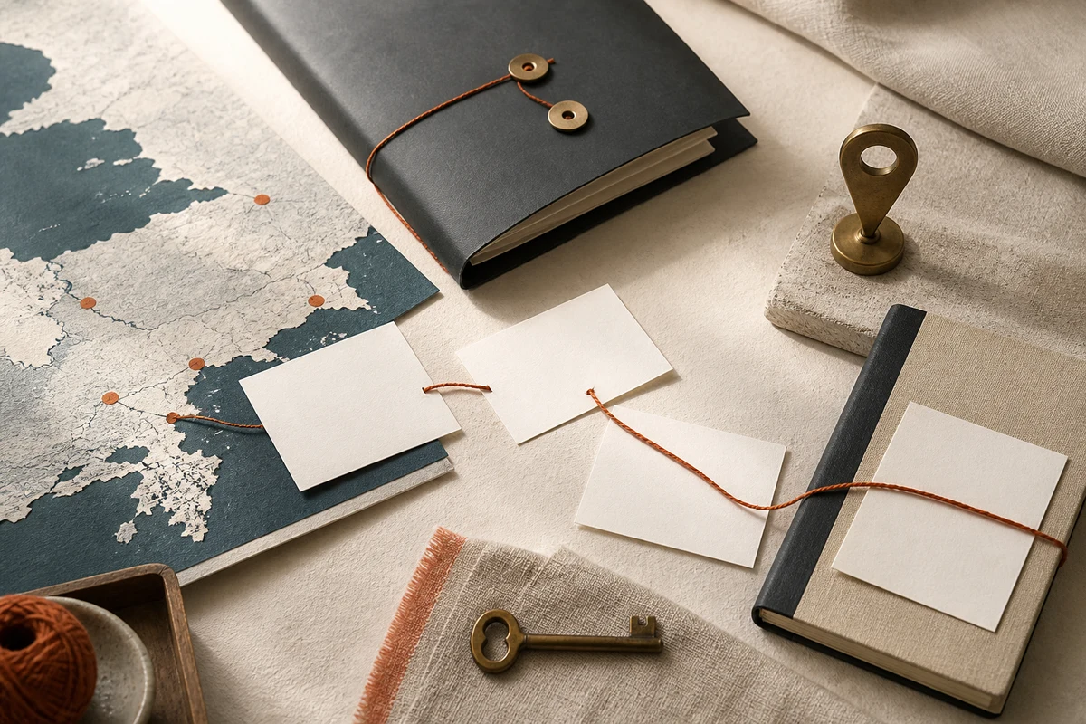 Editorial still life showing a Turkish data controller representative contact point with a city shoreline, folder, address marker, and key; workflow view for this page