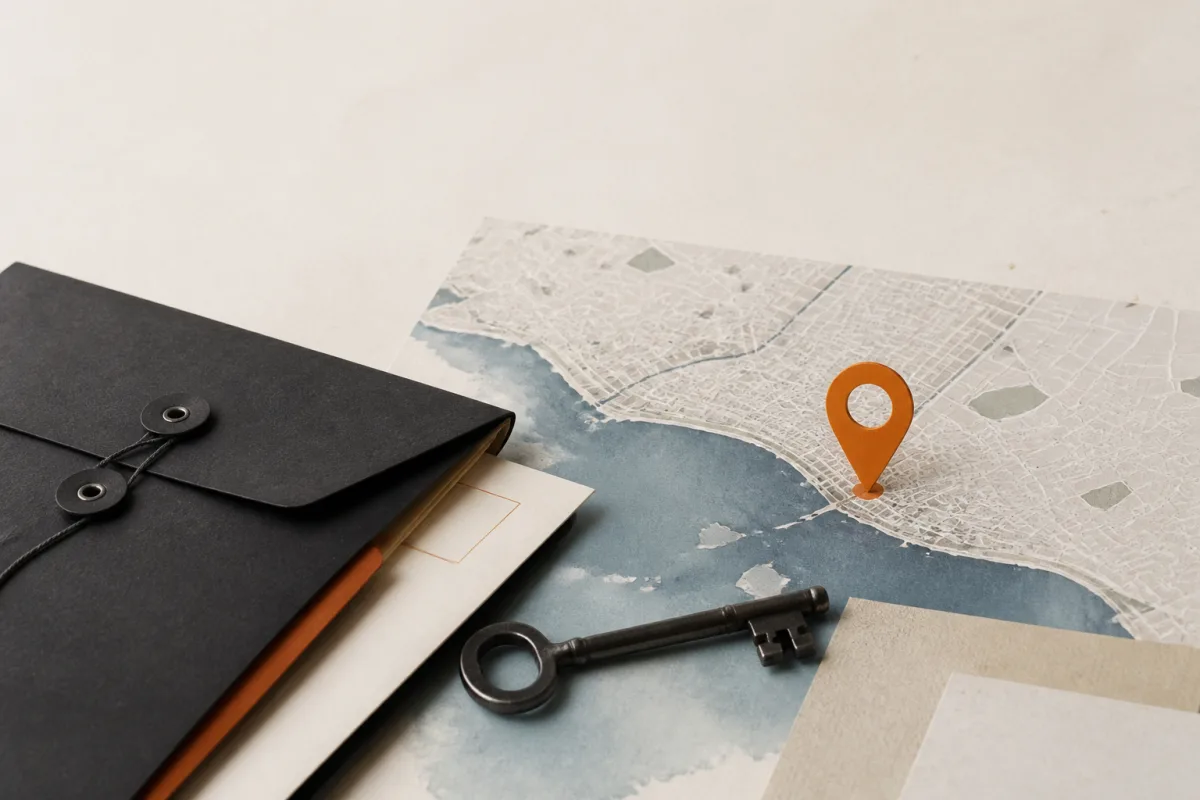 Editorial still life showing a Turkish data controller representative contact point with a city shoreline, folder, address marker, and key